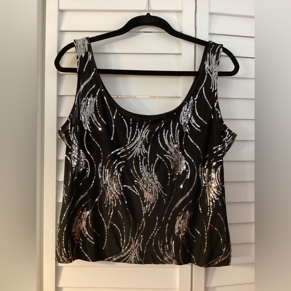 Alex Evenings Black Sequined Evening Jacket & Tank Top w Silver Wave Accents XL - Picture 3 of 12